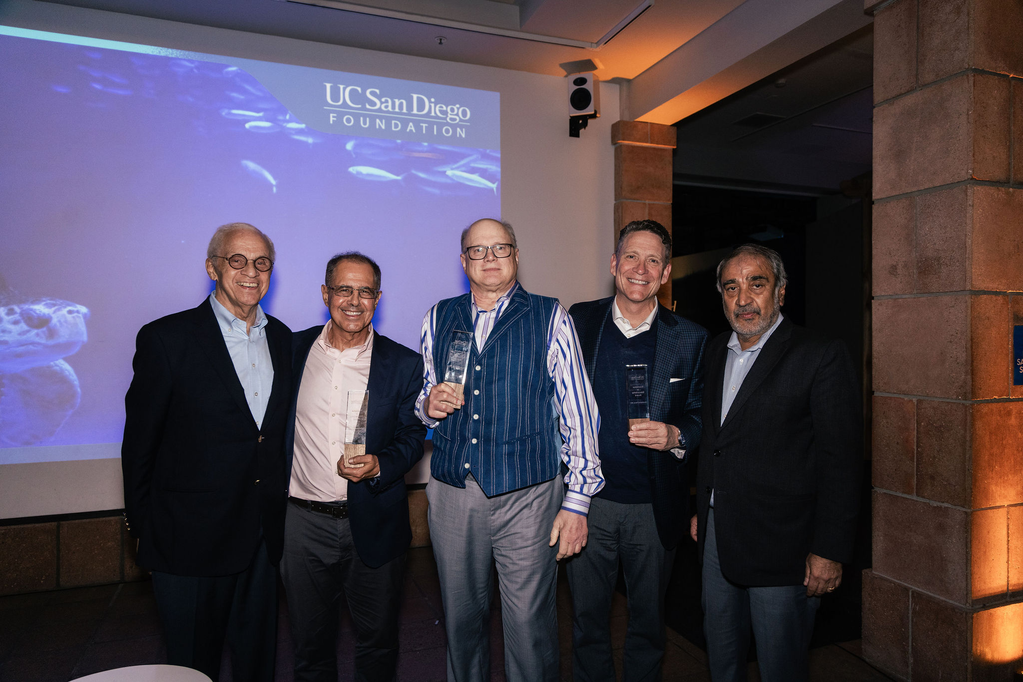 2025 Excellence in Stewardship Awardees with Committee Chair Barry Johnson and Chancellor Pradeep K. Khosla